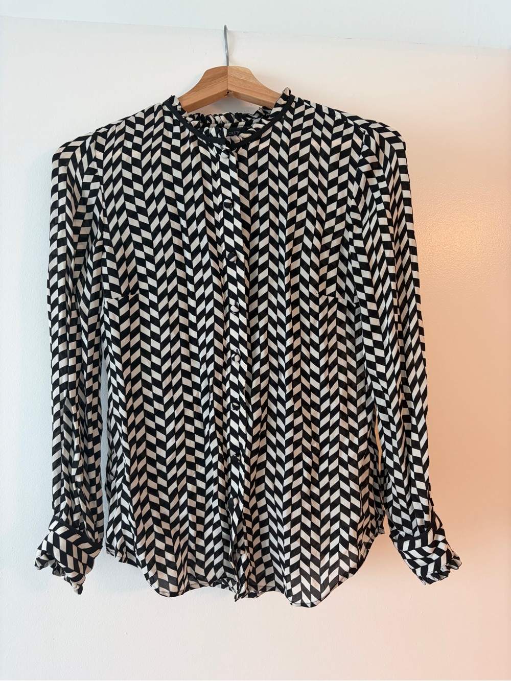 J. Crew Black and White Geometric Long-Sleeve Blouse